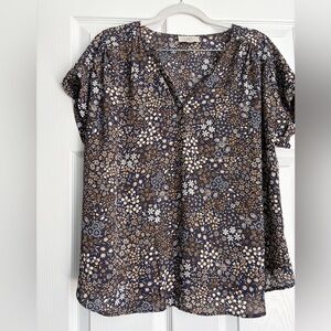 LOFT Floral V-Neck Blouse - Navy and Cream
